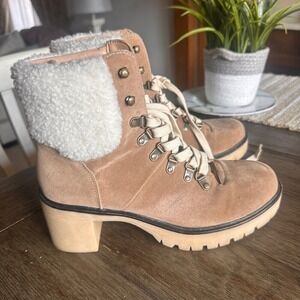 Oasis Society Tan Faux Suede Sherpa Trim Lace Up Hiking Boots Block Heel 8.5